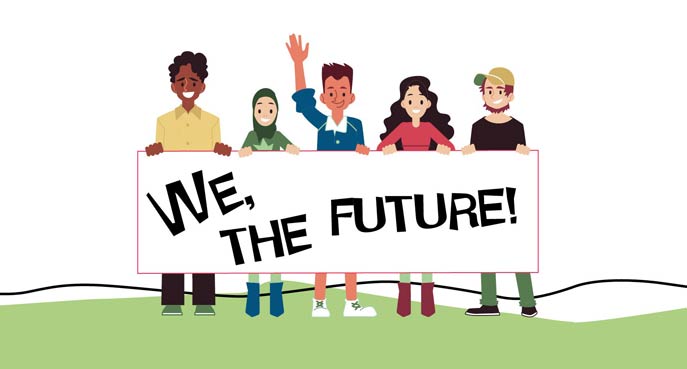 Grafik WE, THE FUTURE - junge Leute vor einem Schild mit der Aufschrift We, the Future