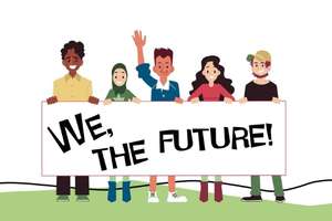 Grafik: We, the future Schriftzug wird von fünf jungen Leuten gehalten